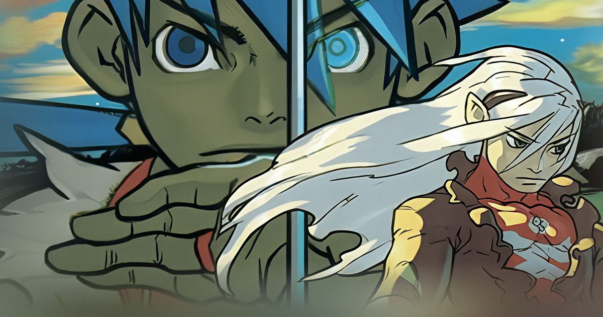 Ryu, cheveux bleus, en gros plan derrière la lame d'une épée, et l'empereur Fou-Lu, longs cheveux blancs au vent : illustration de Breath of Fire IV.