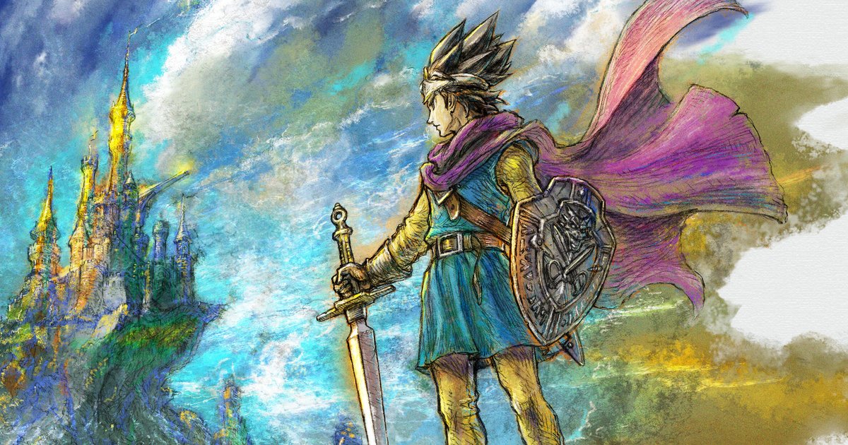 Le héros de Dragon Quest III, épée et bouclier en main, cape violette au vent, face à un château sur un ciel peint.