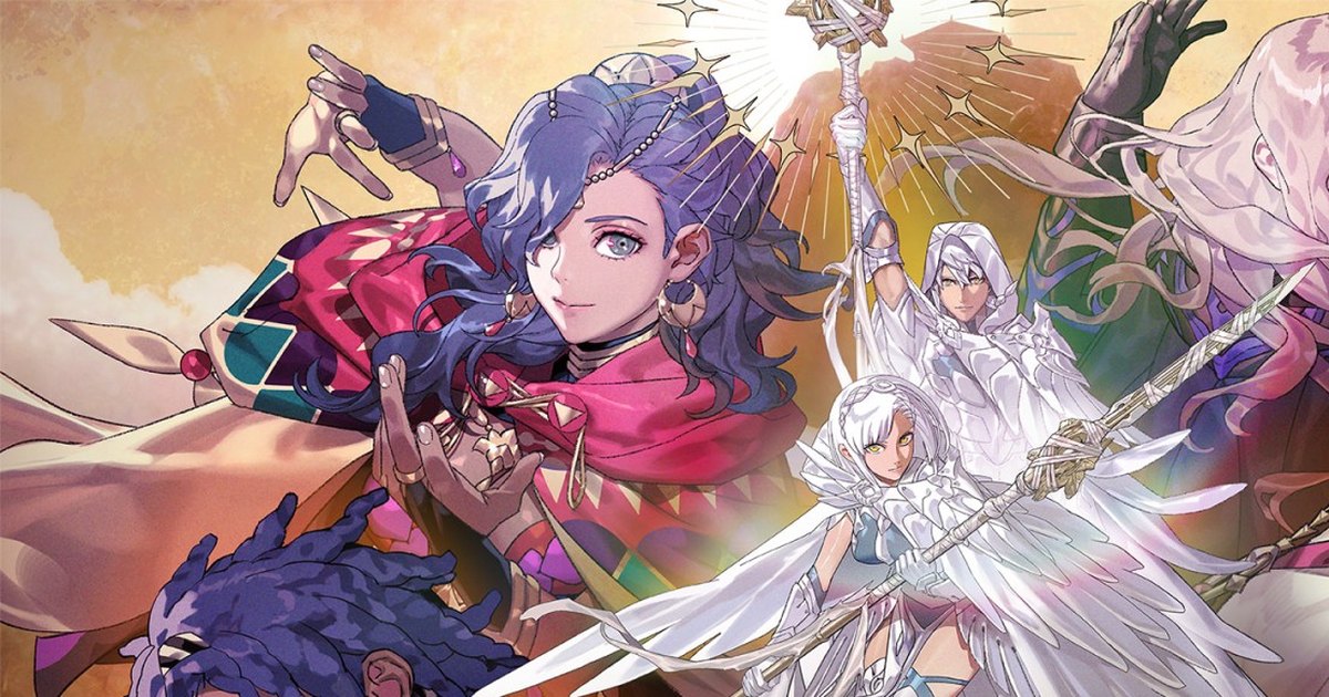 Les quatre héros de Fire Emblem: Fortune's Weave, armes à la main, sur fond de ciel en feu et de cité antique en ruine.