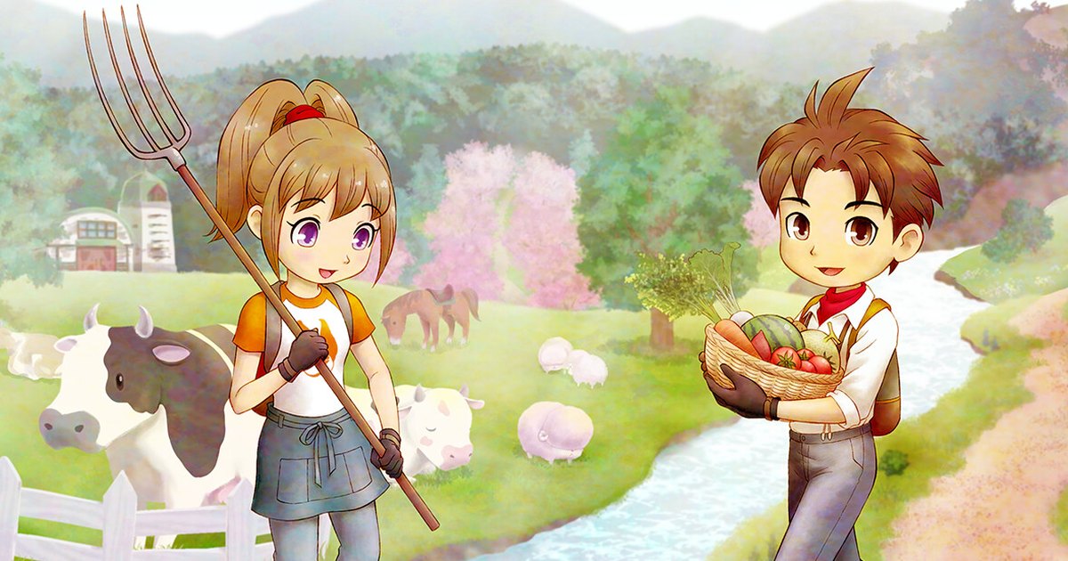 Les deux héros de Story of Seasons : A Wonderful Life devant leur ferme, une vache et une clôture, dans la vallée au printemps.