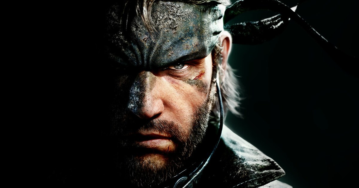 Naked Snake, héros de Metal Gear Solid Delta: Snake Eater, en gros plan, bandeau sur le front, visage peint de camouflage et barbe, sur fond noir.