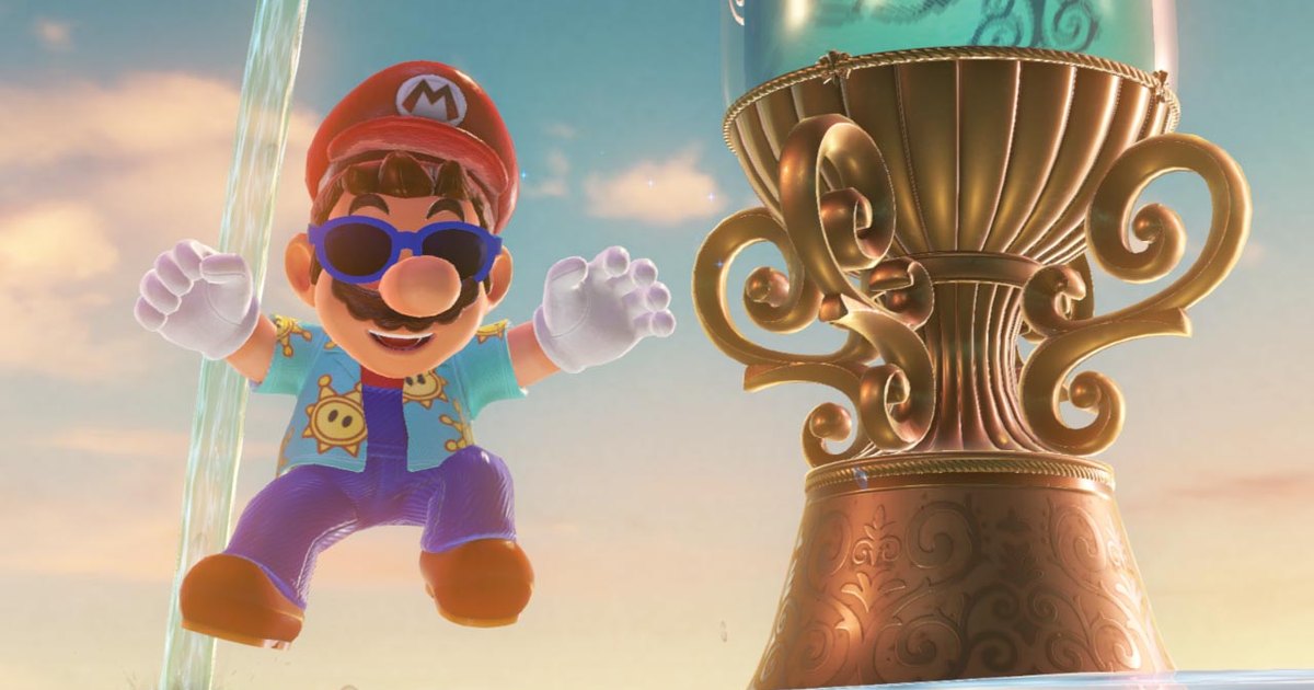 Mario en chemise hawaïenne et lunettes de soleil, bondissant dans le ciel de Super Mario Odyssey, à côté d'un grand trophée doré.
