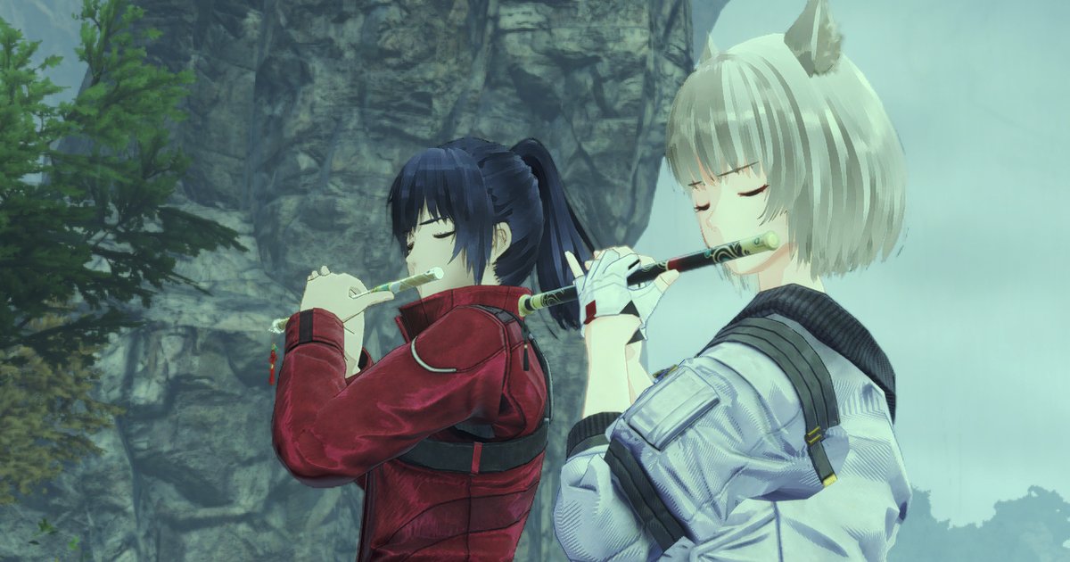 Noah et Mio, les héros de Xenoblade Chronicles 3, assis côte à côte dans l'herbe, jouent de la flûte face à une plaine au crépuscule.