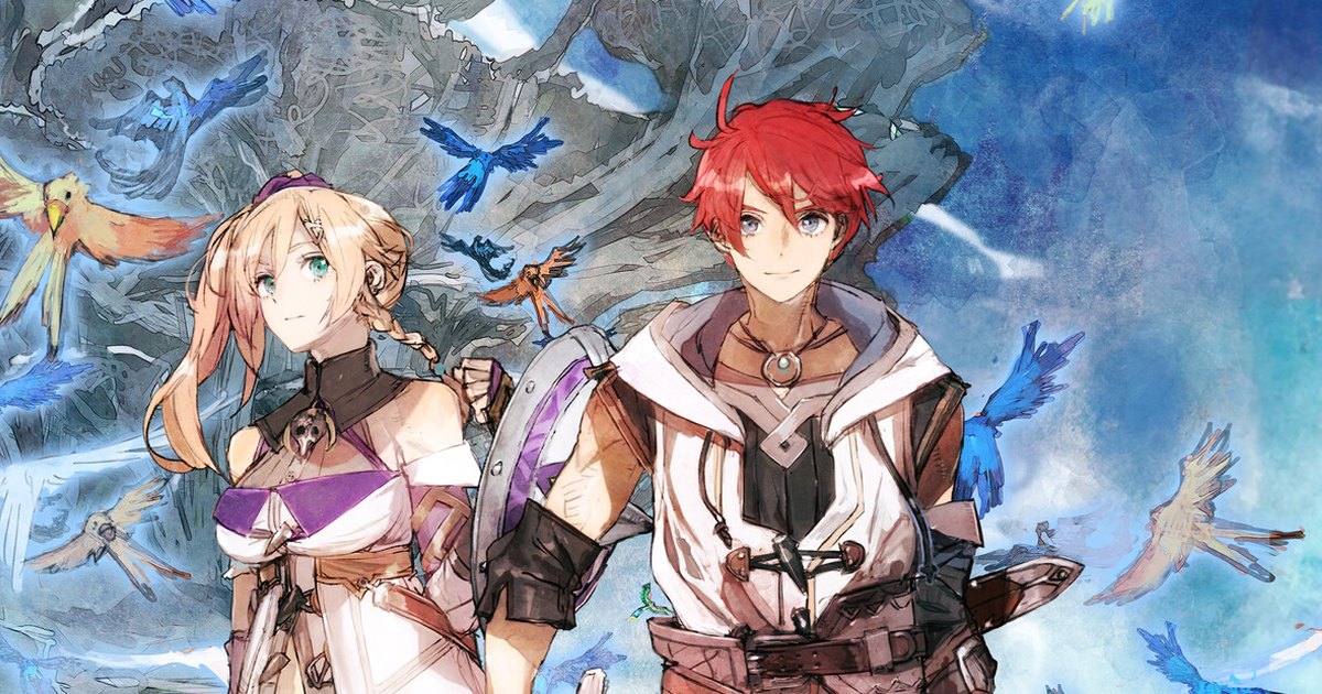 Adol, le héros roux de la série Ys, et Karja, sa partenaire dans Ys X: Nordics, côte à côte au milieu d'oiseaux colorés, sous un ciel bleu.